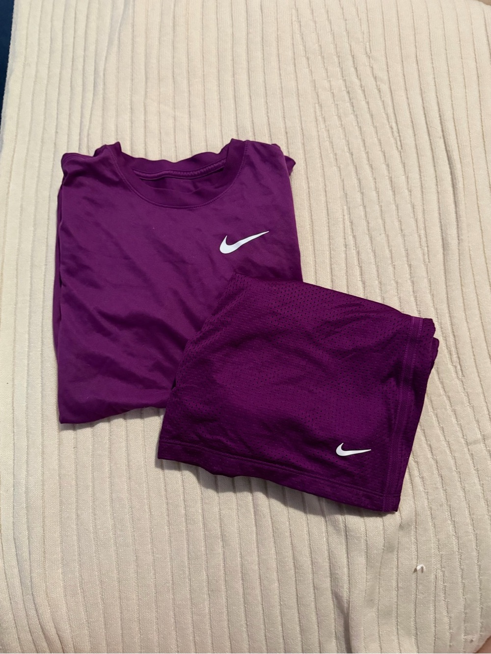 Nike Kids Purple Athletic Tee & Mesh Shorts Set with White Swooshes